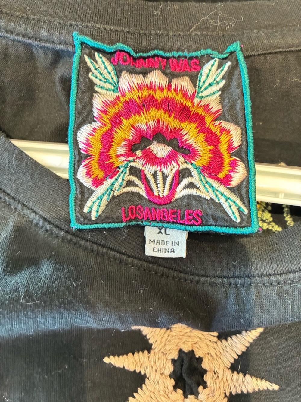 Johnny Was Black Short Sleeve Tee with Multicolor Embroidered Motifs - Picture 3 of 4